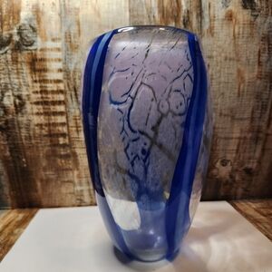 Art GLASS NUVO Lithuania Hand Blown Large Fused Art Swirl Vase Blue Lavender 10"